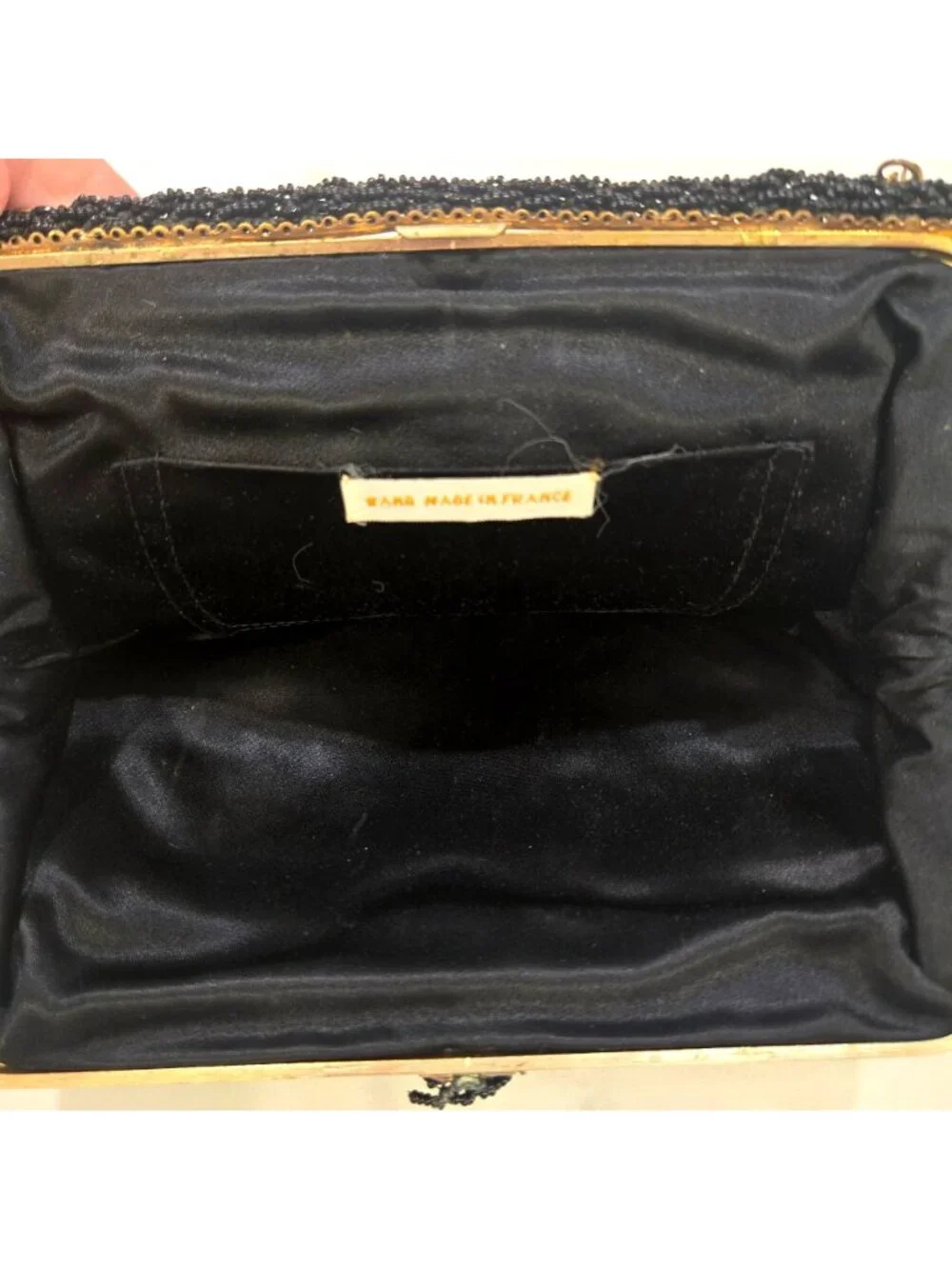 Vintage 1930's Black Seed-Beaded Scrollwork Evening Bag Hand Made in France Gold